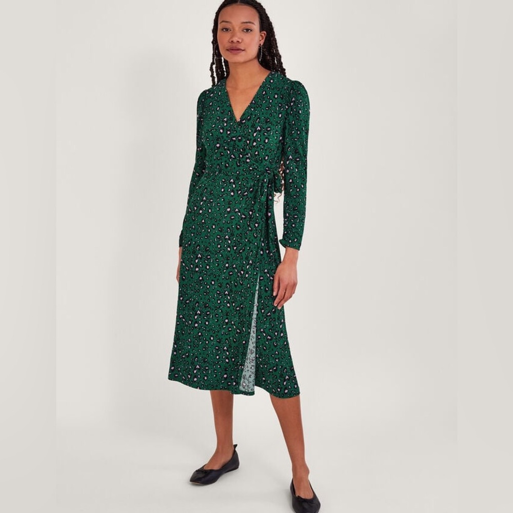 NWT Monsoon Long-Sleeved Wrap Dress, XL, Green Leopard Print